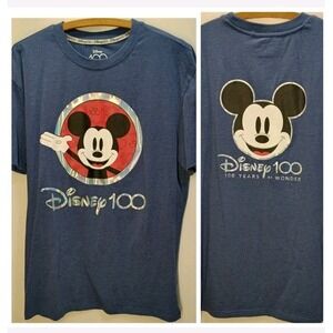 Disney Mickey Mouse Mens LARGE 100th Short Sleeve Blue Shirt HOLOGRAPHIC Graphic